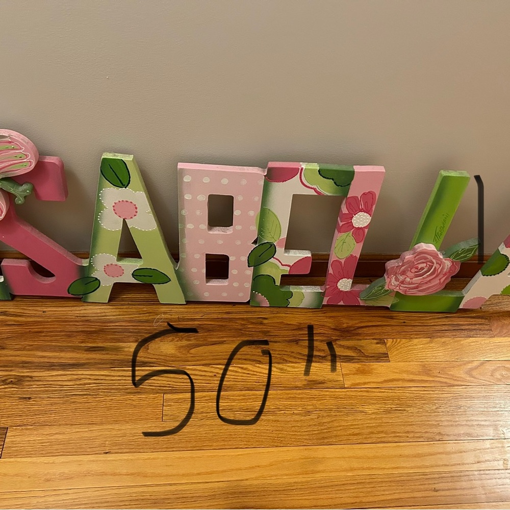 Wood cut out   & painted nursery / room name sign  "Isabella" 50" x 14"